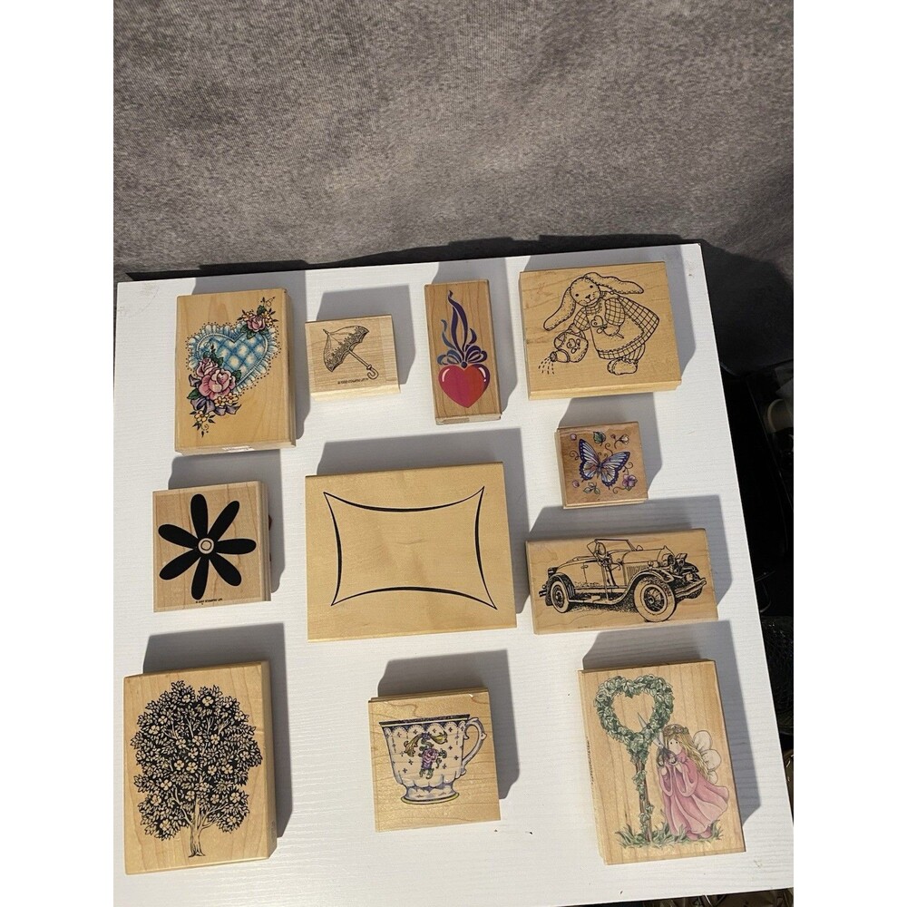 Lot 11 Vtg Wood Rubber Stamps: River City Roadster, Denami, Stampin' Up!, Misc